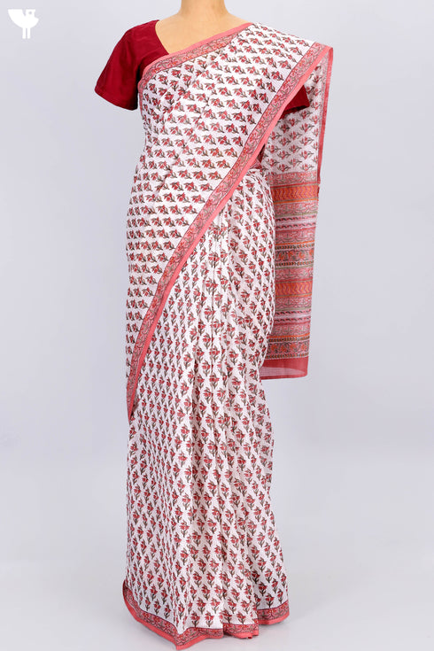 Kota Doria Saree In Floral Block Print